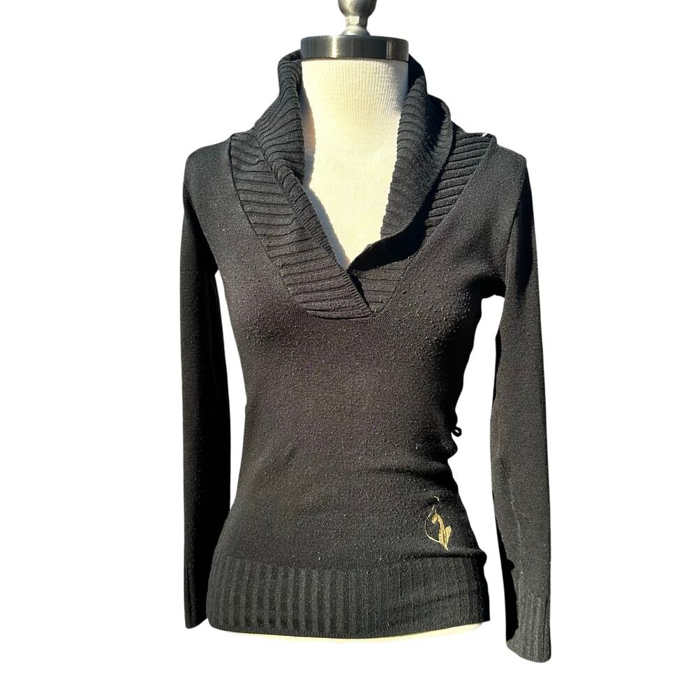 Y2K Baby Phat Tight Sexy Low V neck Black Sweater Long Sleeve Size XS